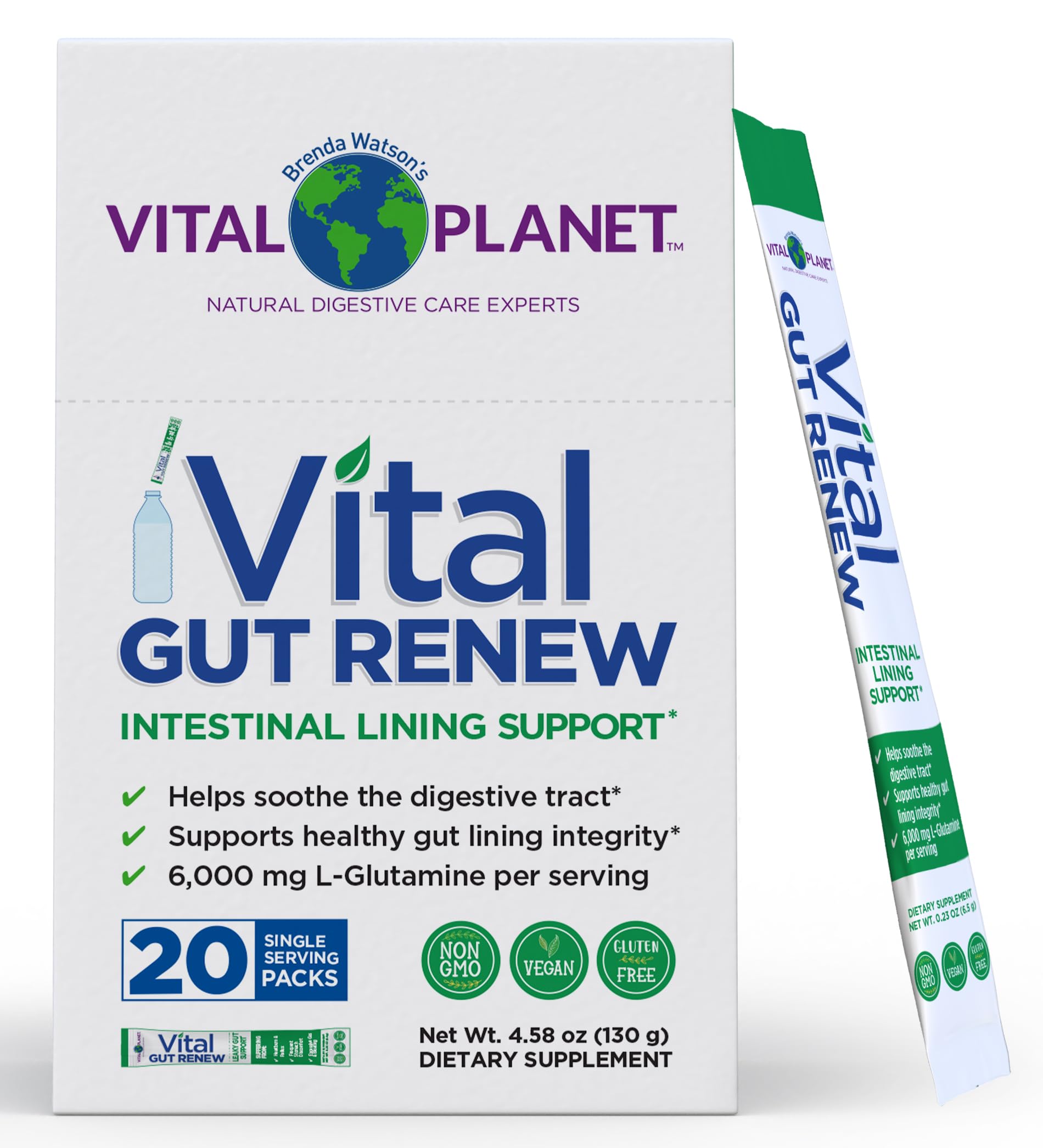 Vital Planet Vital Gut Renew bottle shown for daily gut support and convenience.