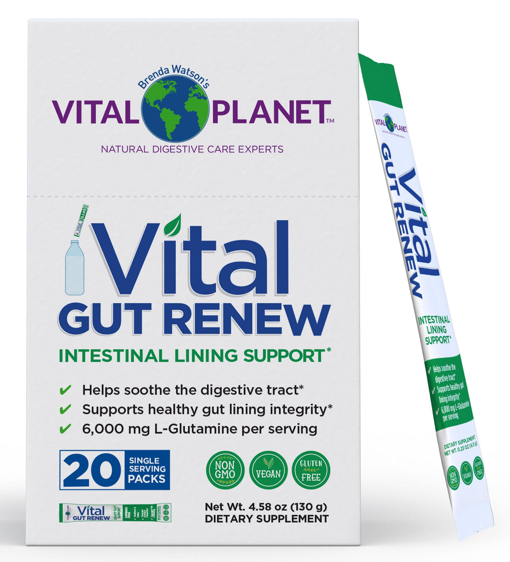 Vital Planet Vital Gut Renew bottle shown for daily gut support and convenience.