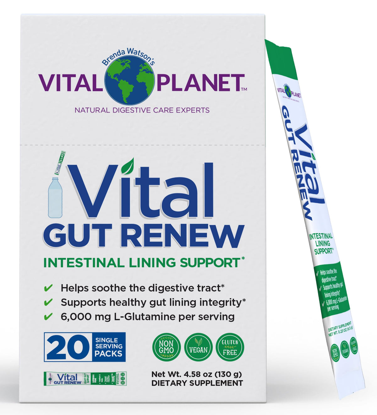 Vital Planet Vital Gut Renew bottle shown for daily gut support and convenience.