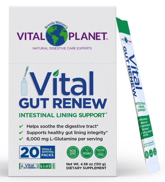Vital Planet Vital Gut Renew bottle shown for daily gut support and convenience.