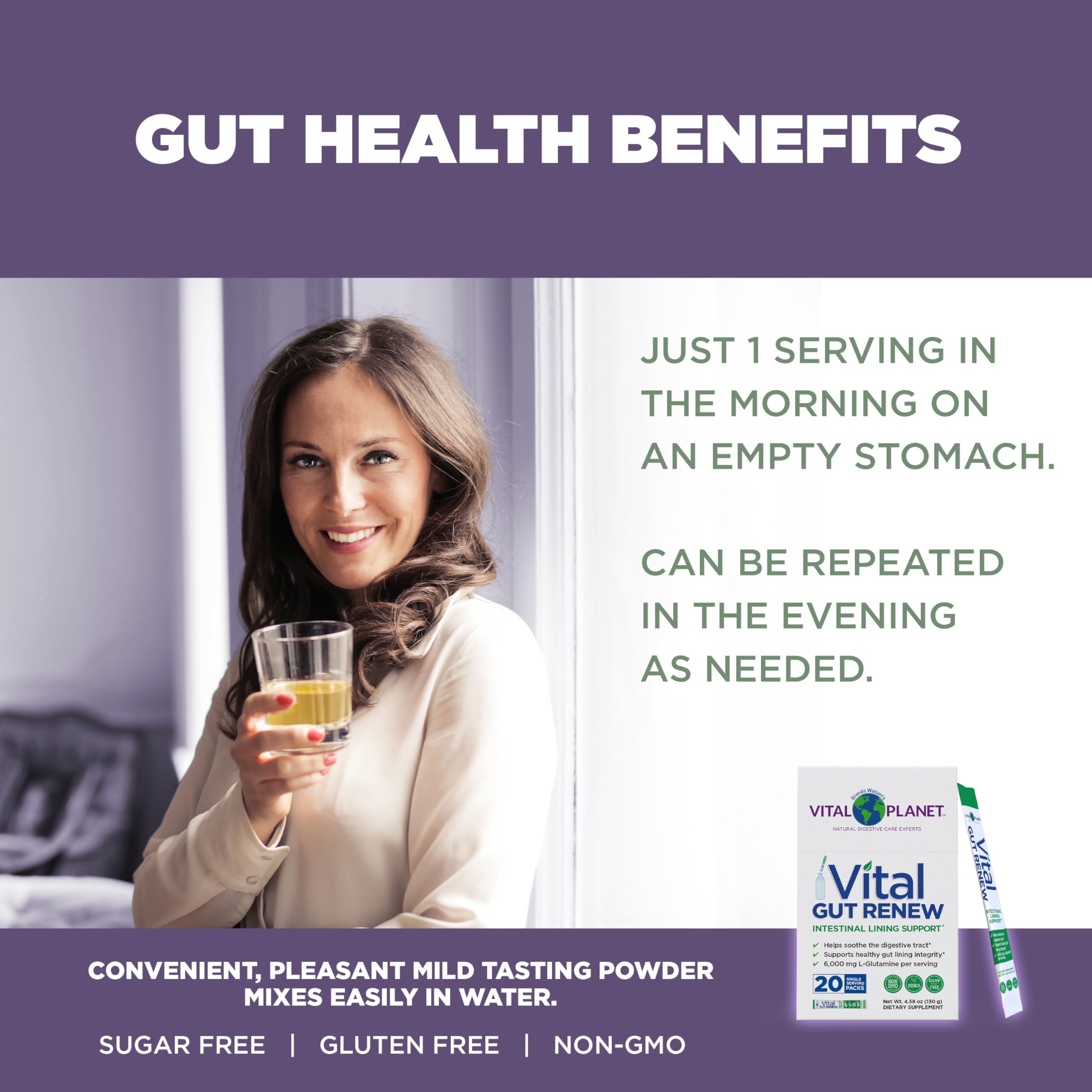 Vital Gut Renew 6000mg glutamine supports gut lining health.