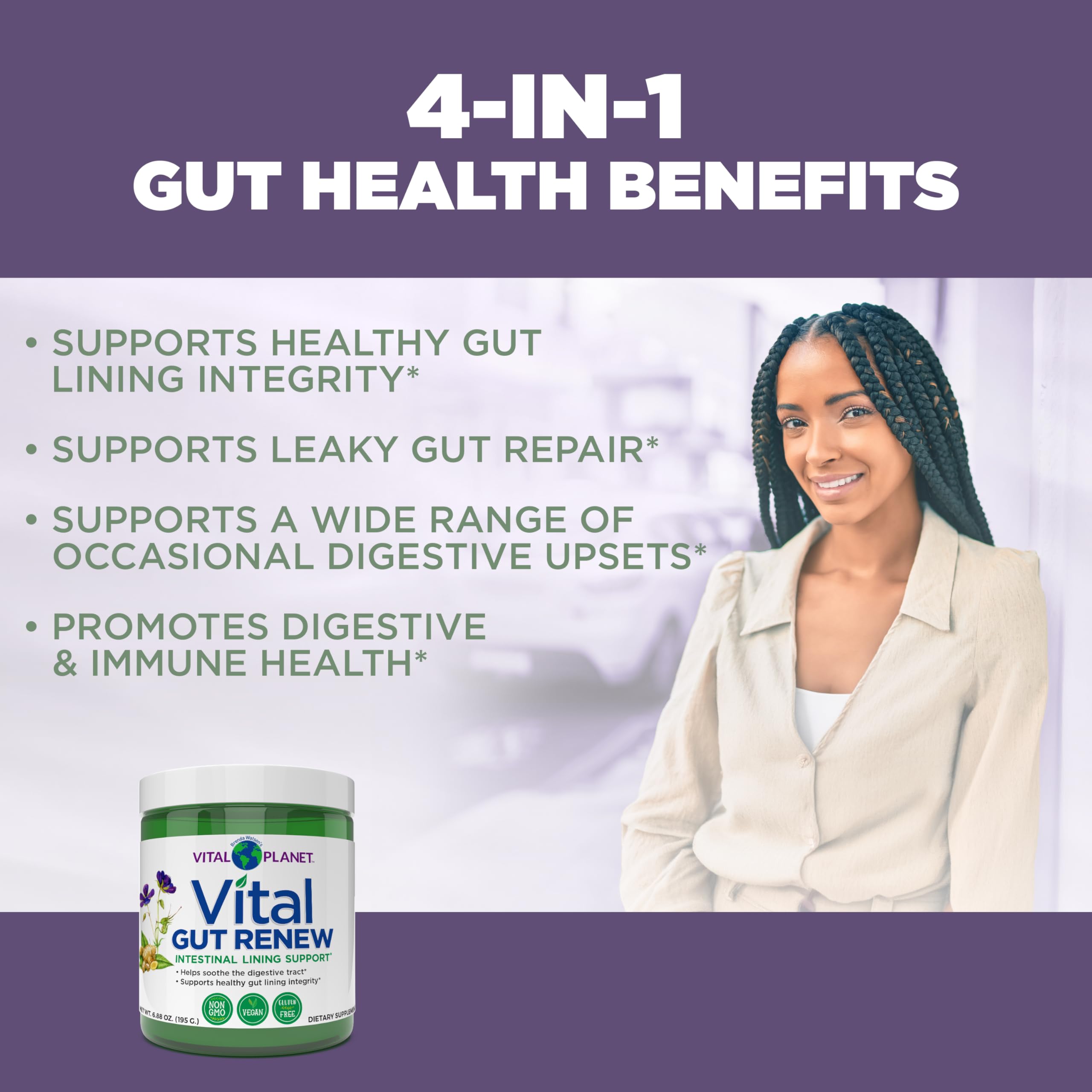 Vital Gut Renew ingredients highlighting L-Glutamine and botanicals for gut lining support