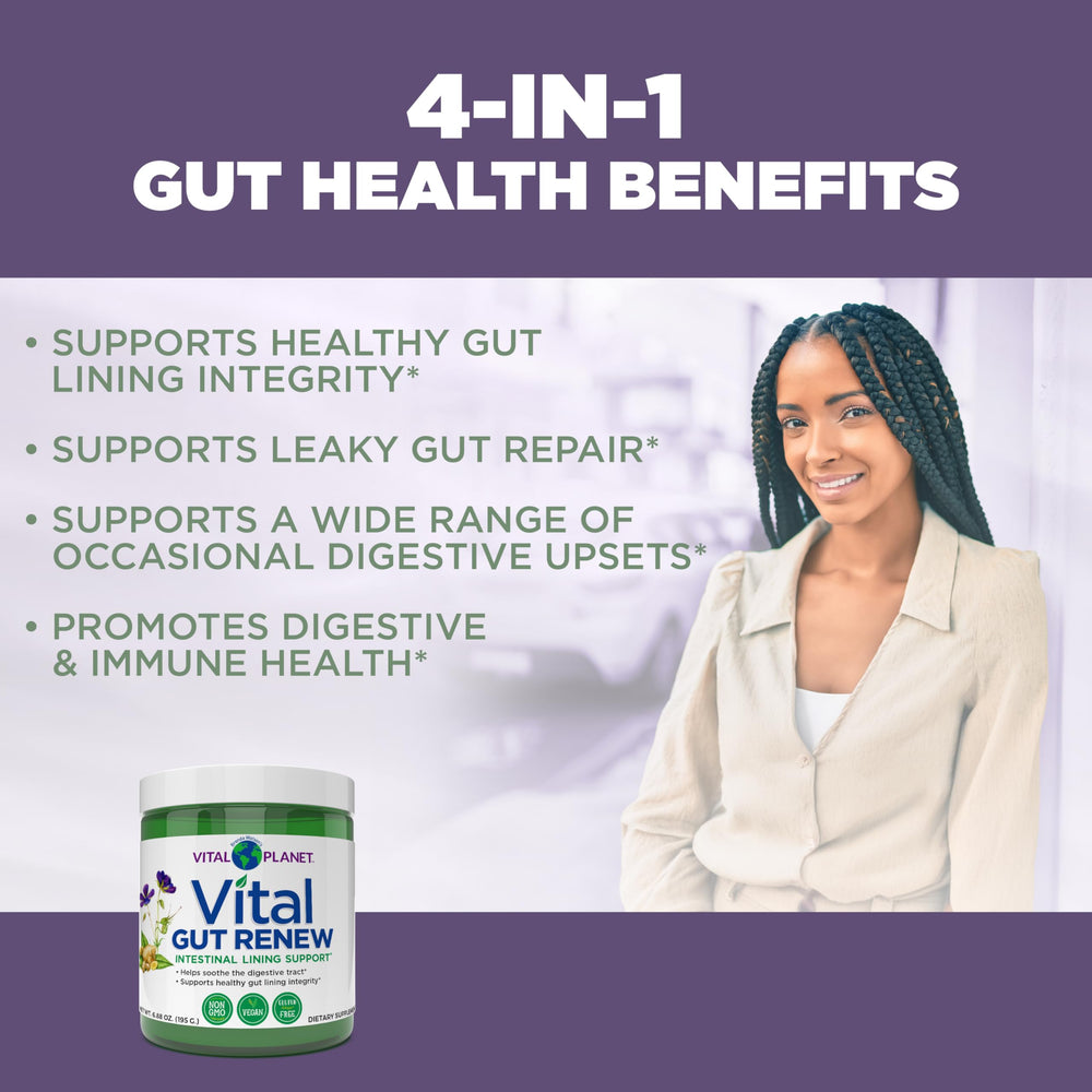 Vital Gut Renew ingredients highlighting L-Glutamine and botanicals for gut lining support