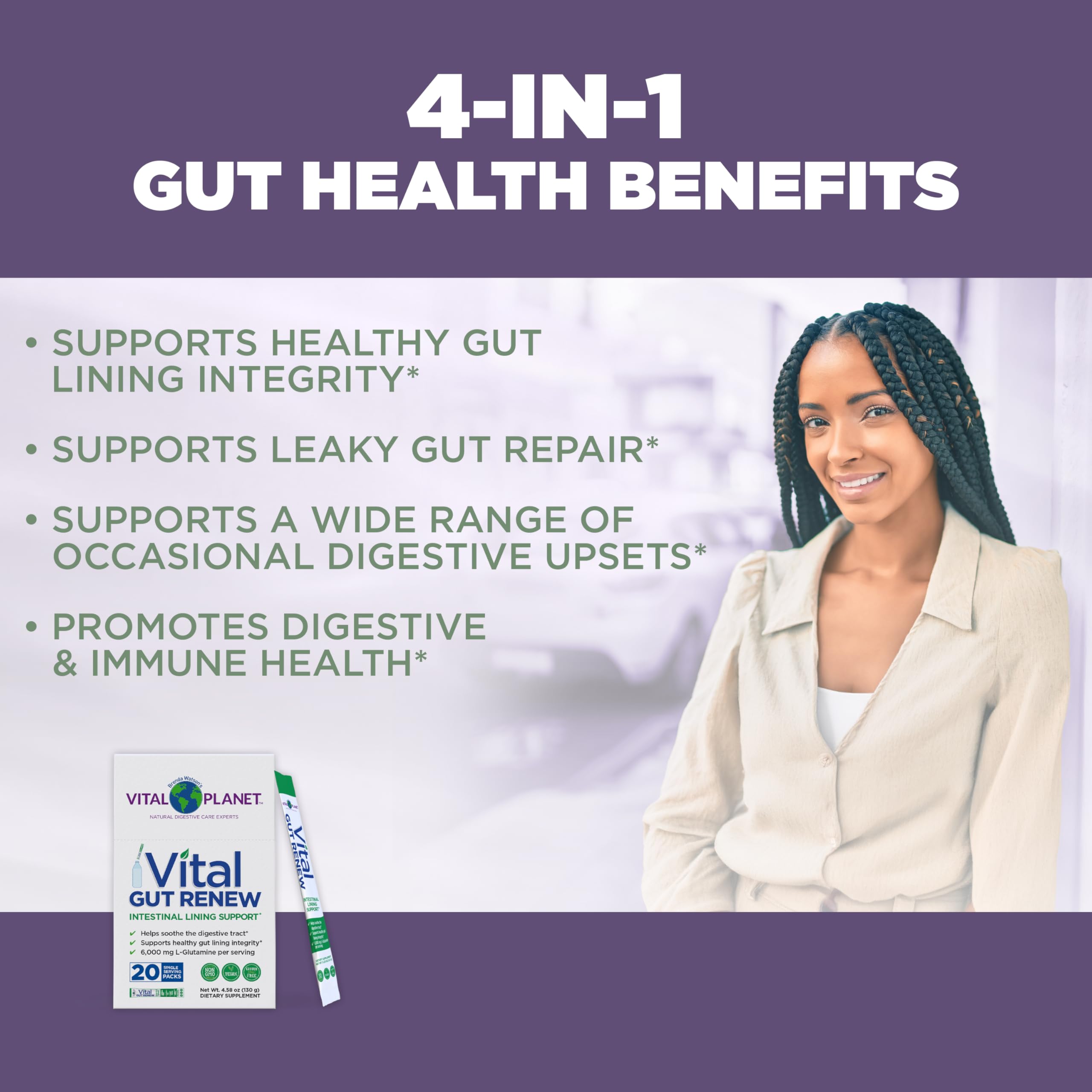 Vital Planet Vital Gut Renew highlights marshmallow root and DGL licorice components.