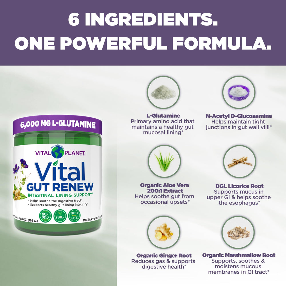 Vital Planet Vital Gut Renew packaging displaying ingredients and usage guidance