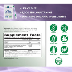 Vital Planet Vital Gut Renew powder being mixed in water for gentle digestion.