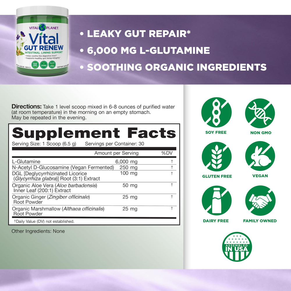 Vital Gut Renew powder scoop ready to mix for gentle, on-the-go digestive support