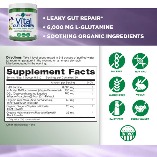 Vital Gut Renew powder scoop ready to mix for gentle, on-the-go digestive support