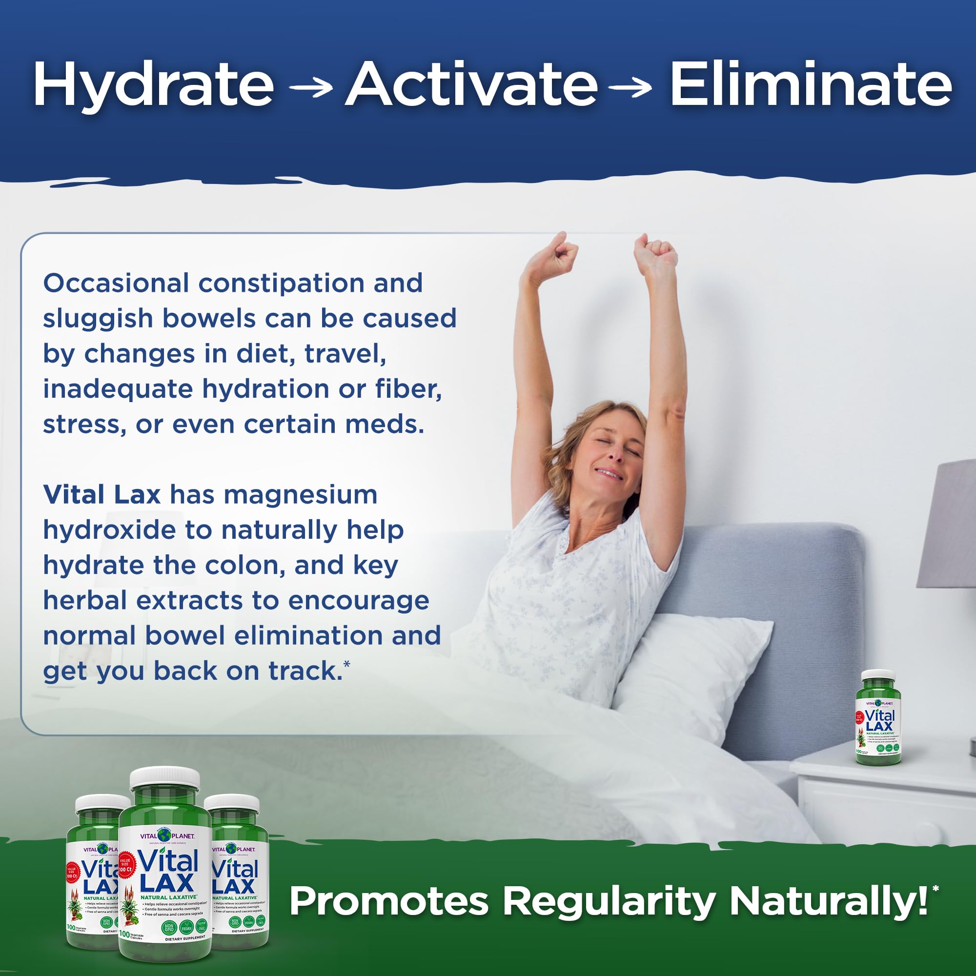 Vital Lax usage scene suggesting bedtime capsule routine