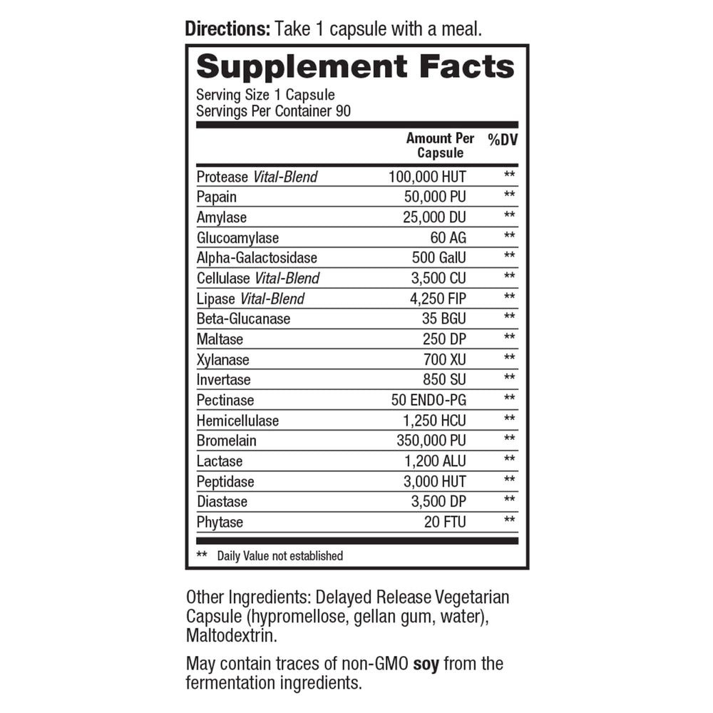 Vital Planet Vital Pro Naturals capsules closeup highlighting 22 enzymes for digestion support.