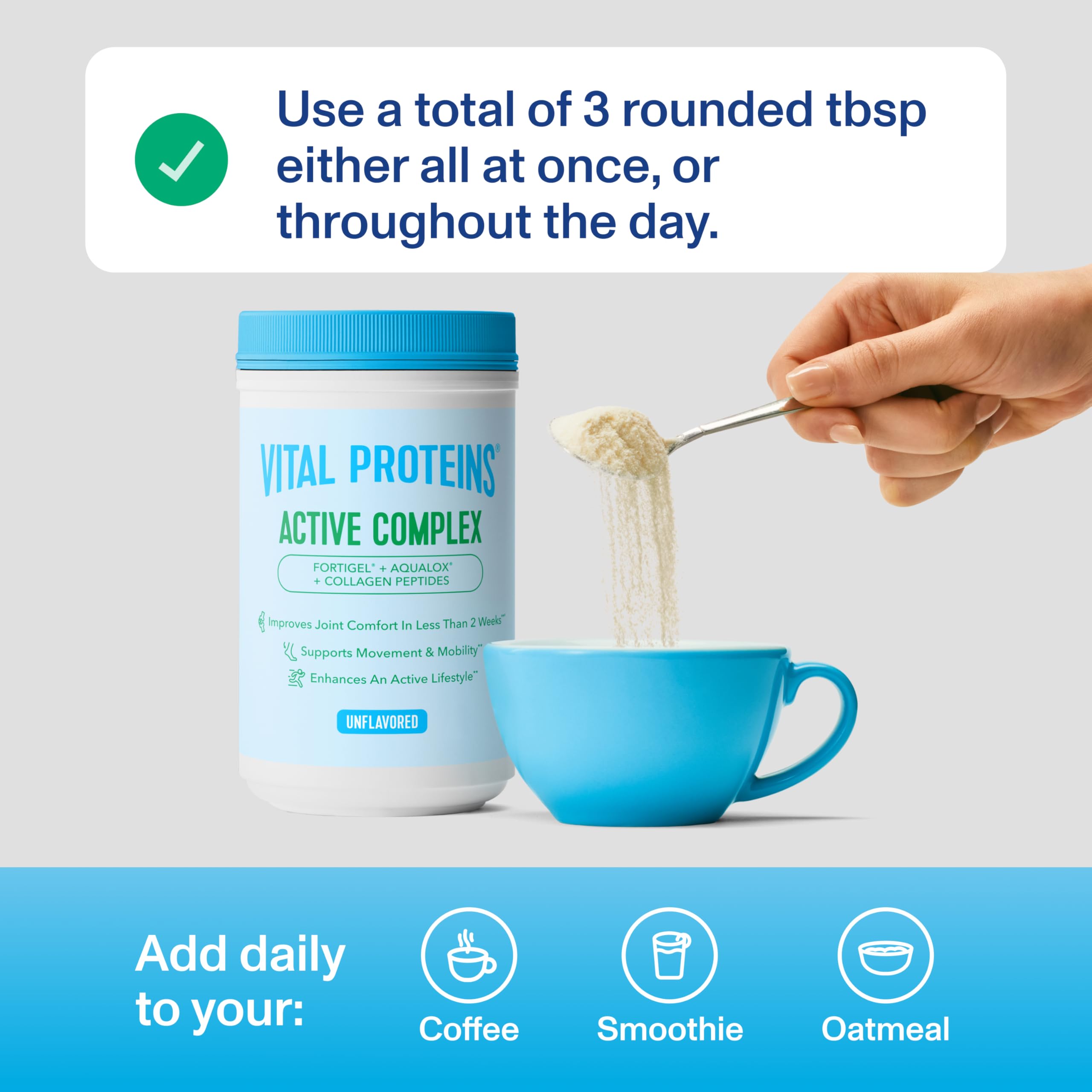 Scoop of Vital Proteins Active Complex held for daily joint support