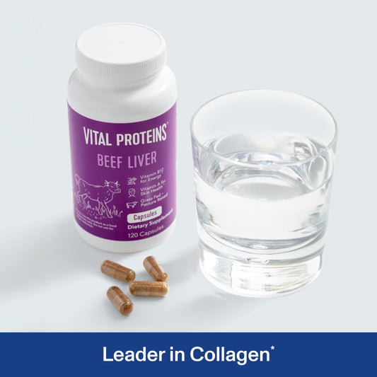 Vital Proteins beef liver capsules close-up label highlights nutrition