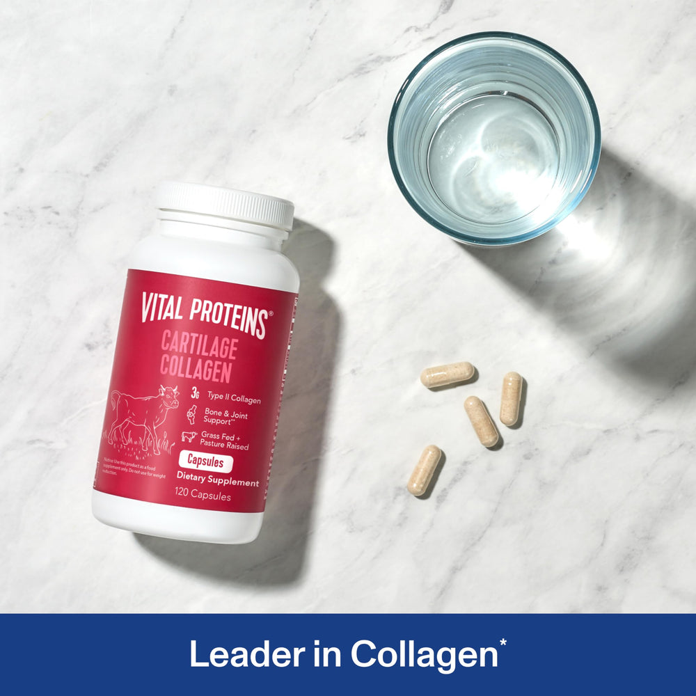 Vital Proteins Cartilage Collagen capsules close-up emphasizing convenient daily serving.