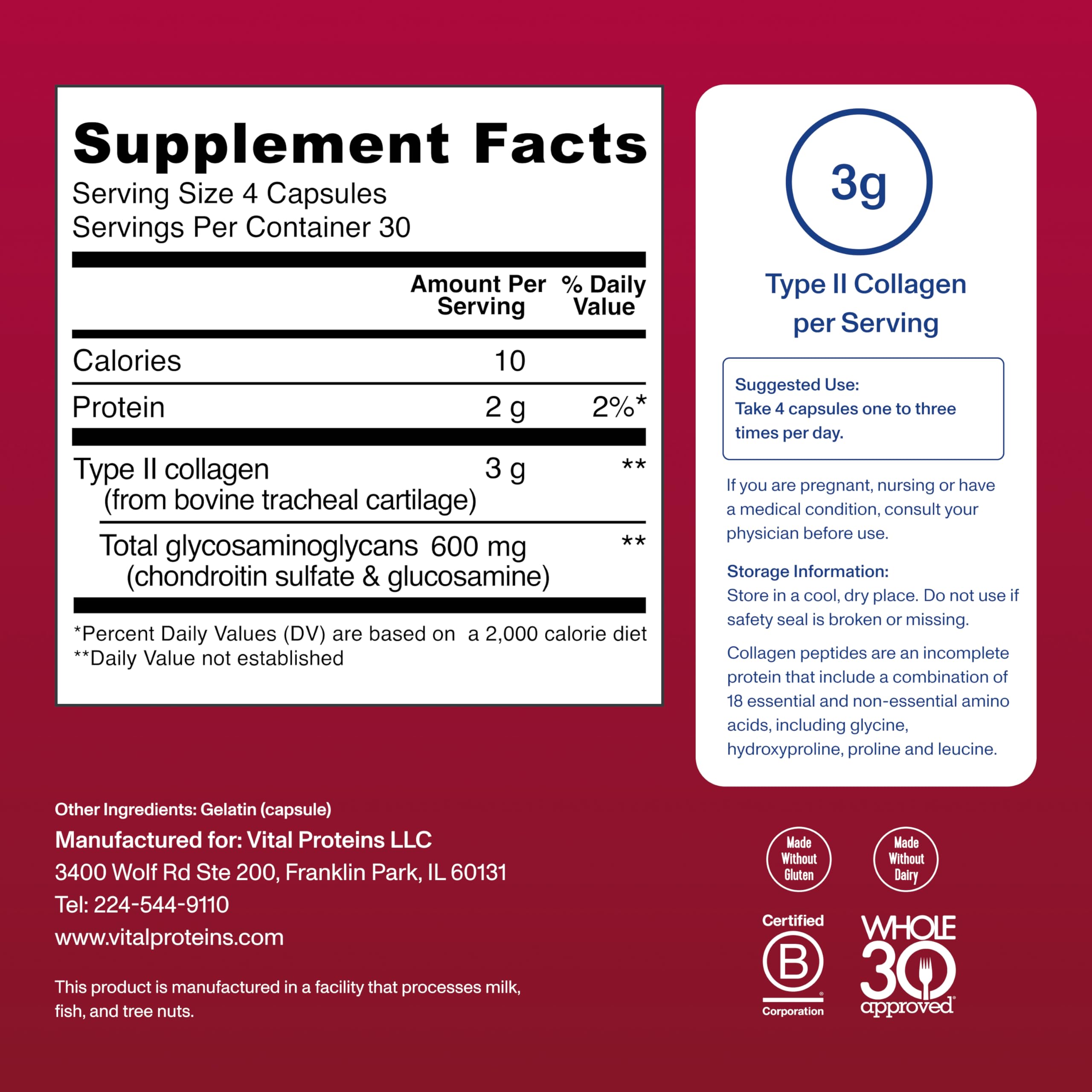 Vital Proteins Cartilage Collagen label details show clean ingredients and certifications.