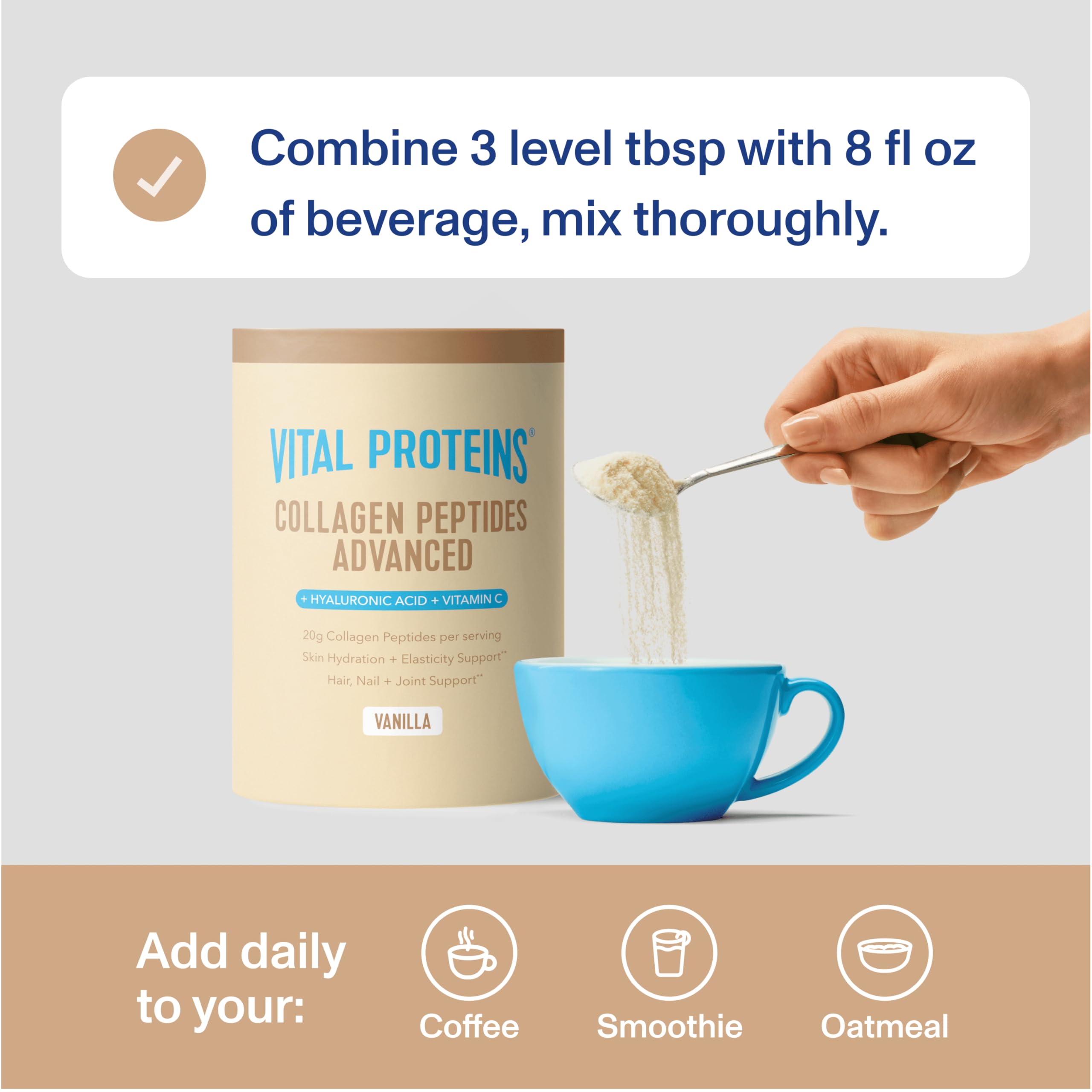Vital Proteins Coffee-ready vanilla collagen dissolving in hot beverage