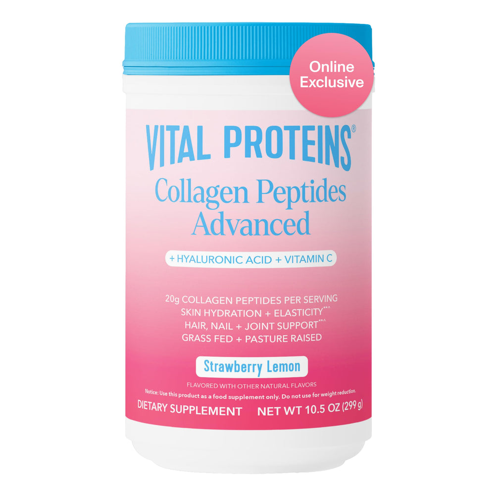 Vital Proteins Collagen Peptides Advanced strawberry-lemon bottle pour for easy daily supplementation