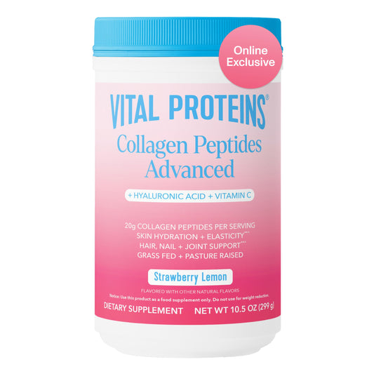Vital Proteins Collagen Peptides Advanced strawberry-lemon bottle pour for easy daily supplementation