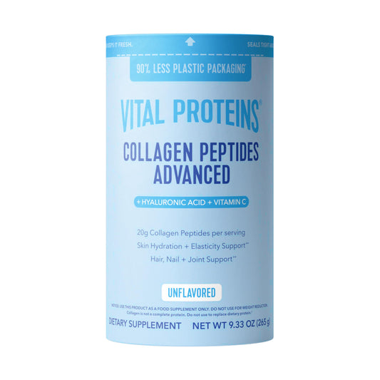 Vital Proteins Collagen Peptides jar closeup showcasing easy beverage mixing