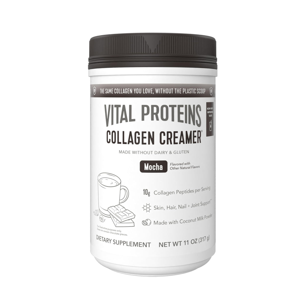 Vital Proteins collagen peptides powder bottle pouring for mocha coffee