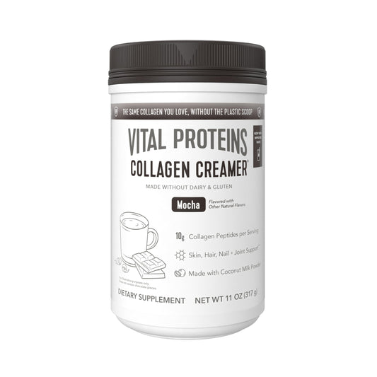Vital Proteins collagen peptides powder bottle pouring for mocha coffee
