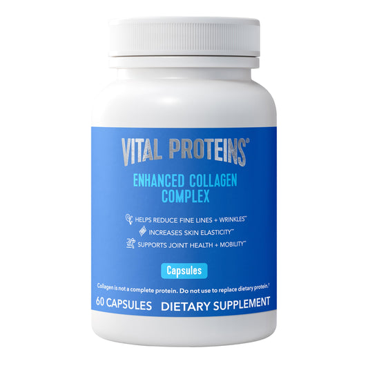 Vital Proteins Enhanced Collagen Complex capsules bottle highlights skin elasticity and joint support