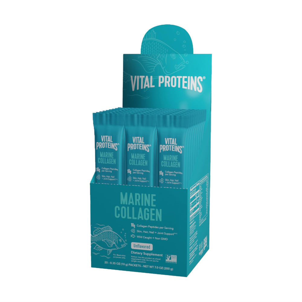 Vital Proteins Marine Collagen bottle showing wild-caught Alaska scales for quick absorption.