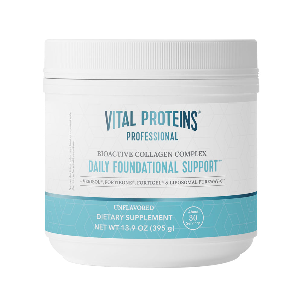 Vital Proteins Professional Daily Foundational Support bottle front highlighting skin elasticity and joint support.