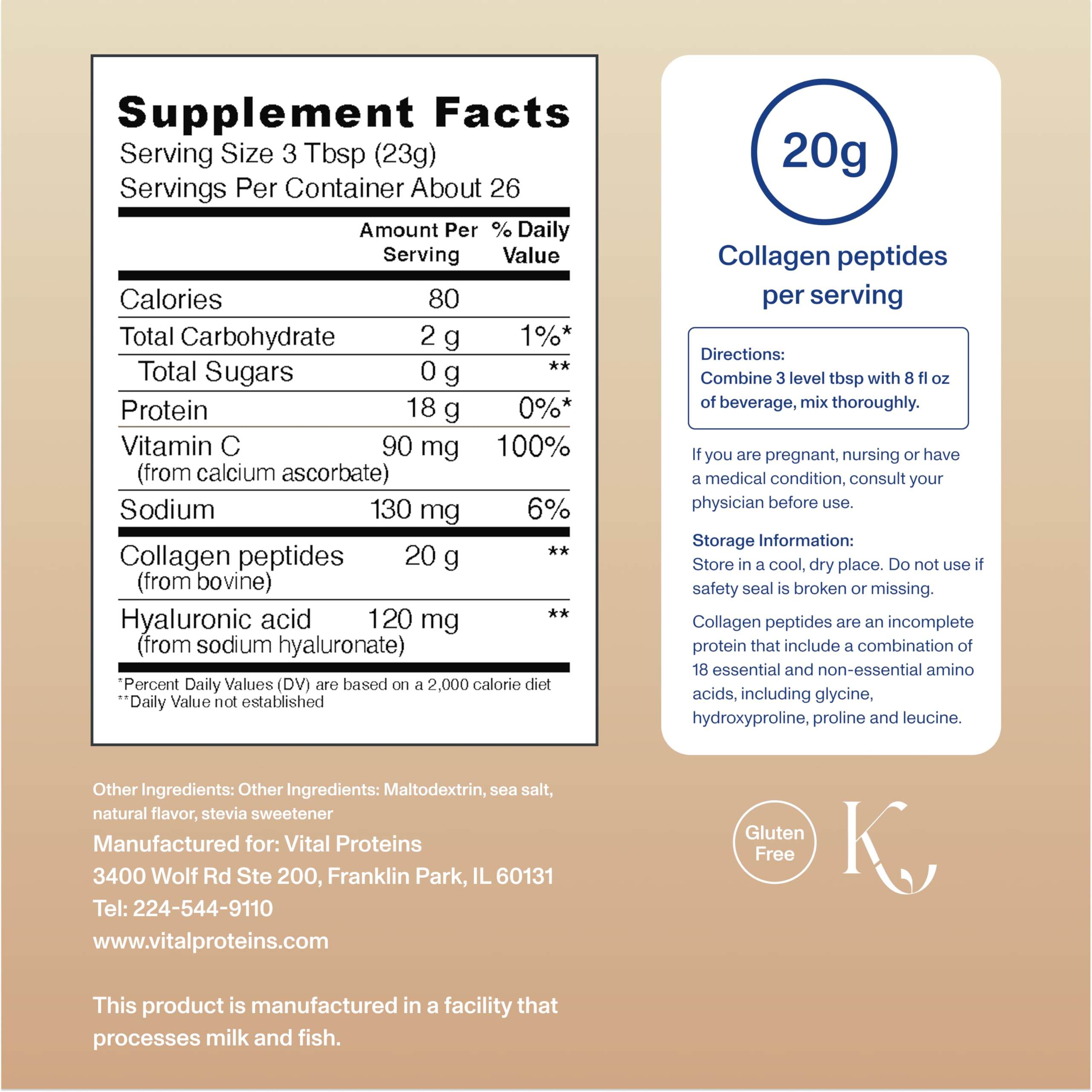 Vital Proteins Vanilla collagen peptides advanced tub back label highlights ingredients
