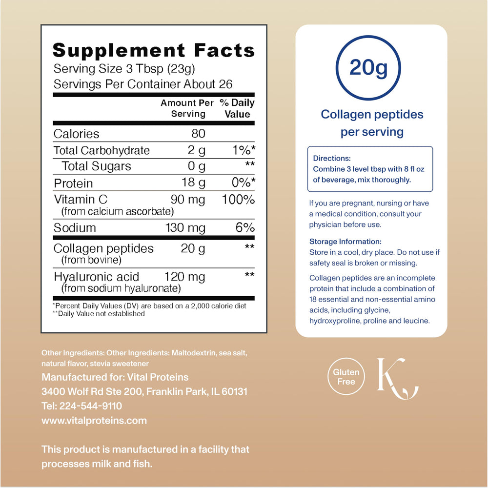 Vital Proteins Vanilla collagen peptides advanced tub back label highlights ingredients