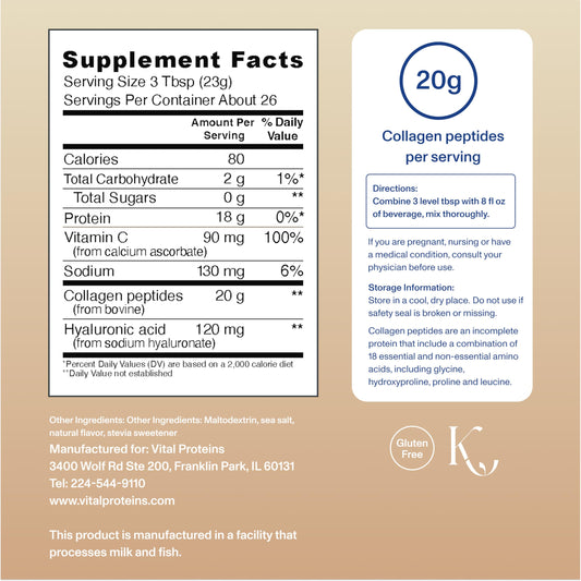 Vital Proteins Vanilla collagen peptides advanced tub back label highlights ingredients