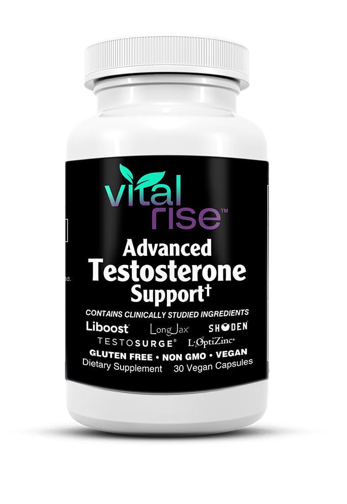 Vital Rise testosterone bottle front promoting natural energy support for men