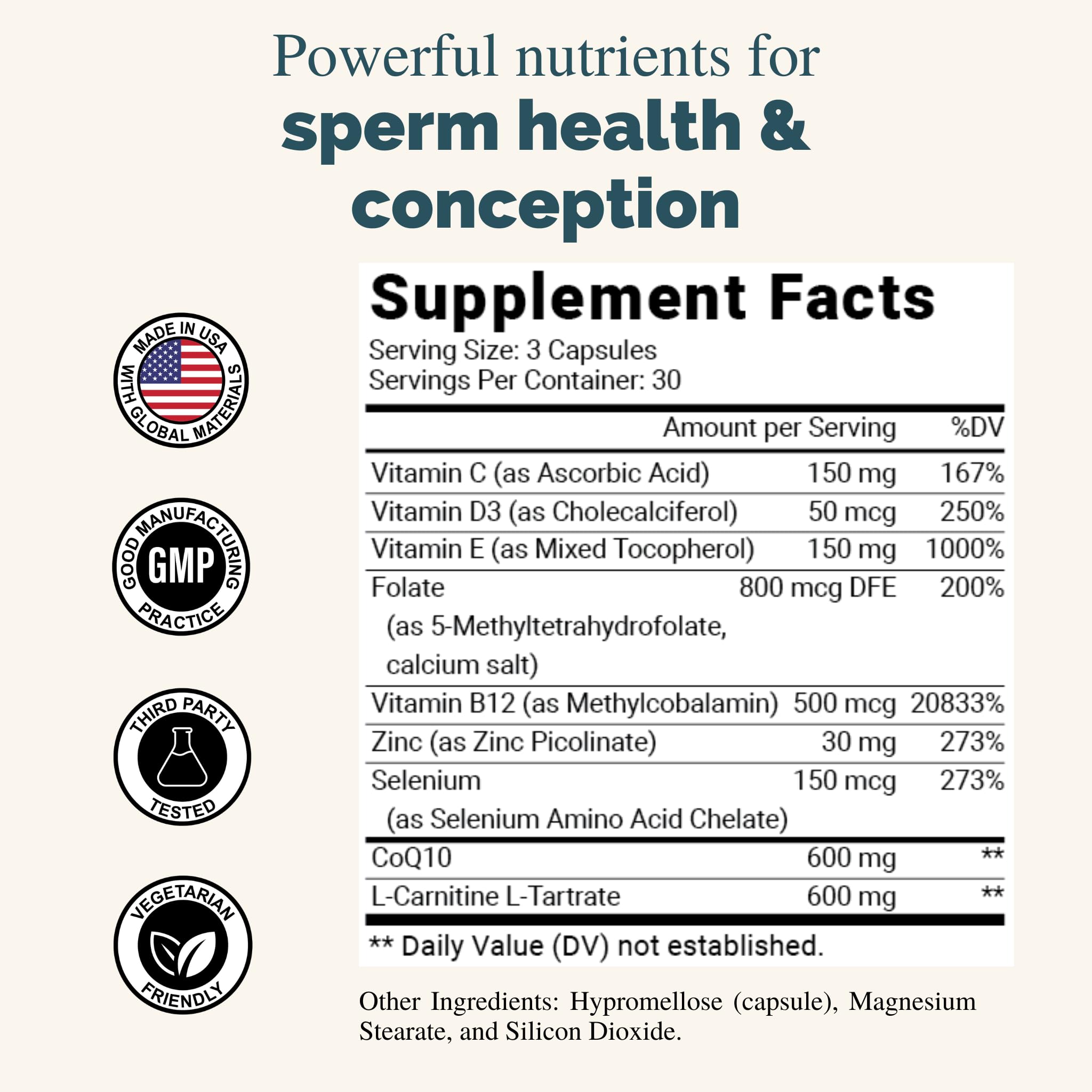 Vital Seed CoQ10 L-Carnitine capsules closeup supporting energy production and sperm vitality.