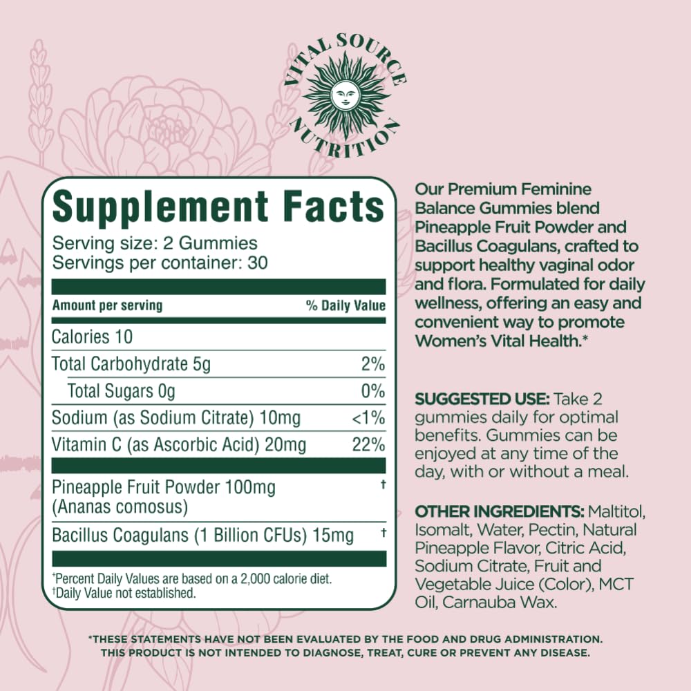 Vital Source Nutrition feminine balance gummies displayed for a daily two-gummy routine.