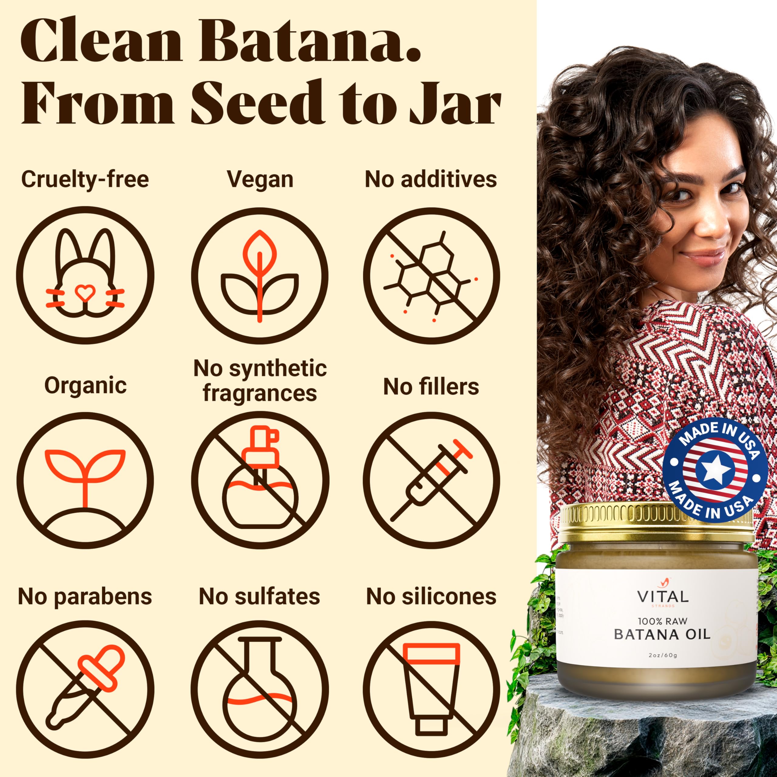 Vital Strands Batana: envase de vidrio ecológico y fórmula vegana.