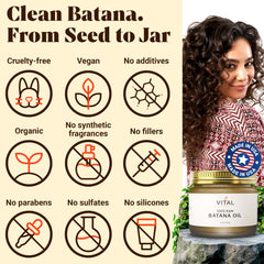 Vital Strands Batana: envase de vidrio ecológico y fórmula vegana.