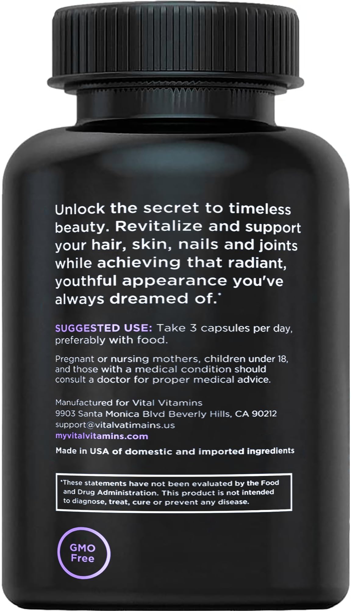 Vital Vitamins beauty complex packaging highlighting comprehensive hair, skin, nails benefits.