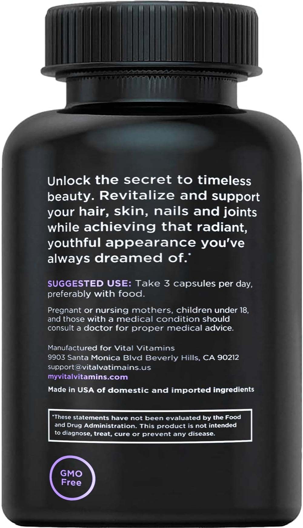 Vital Vitamins beauty complex packaging highlighting comprehensive hair, skin, nails benefits.