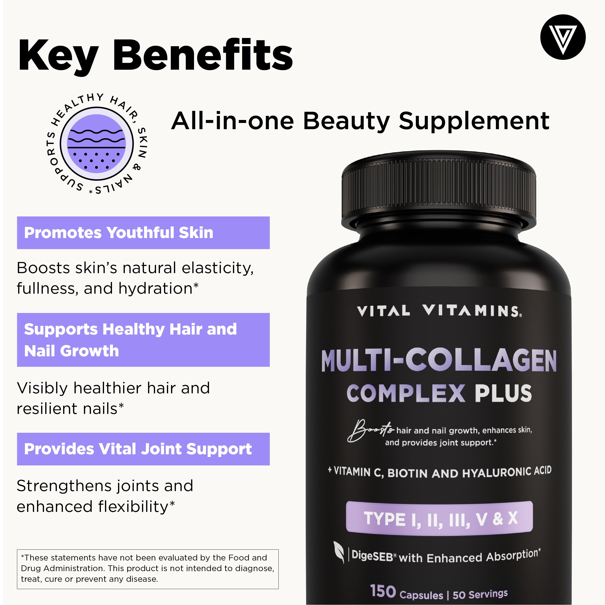 Vital Vitamins biotin hyaluronic acid capsules suggesting skin hydration benefits.