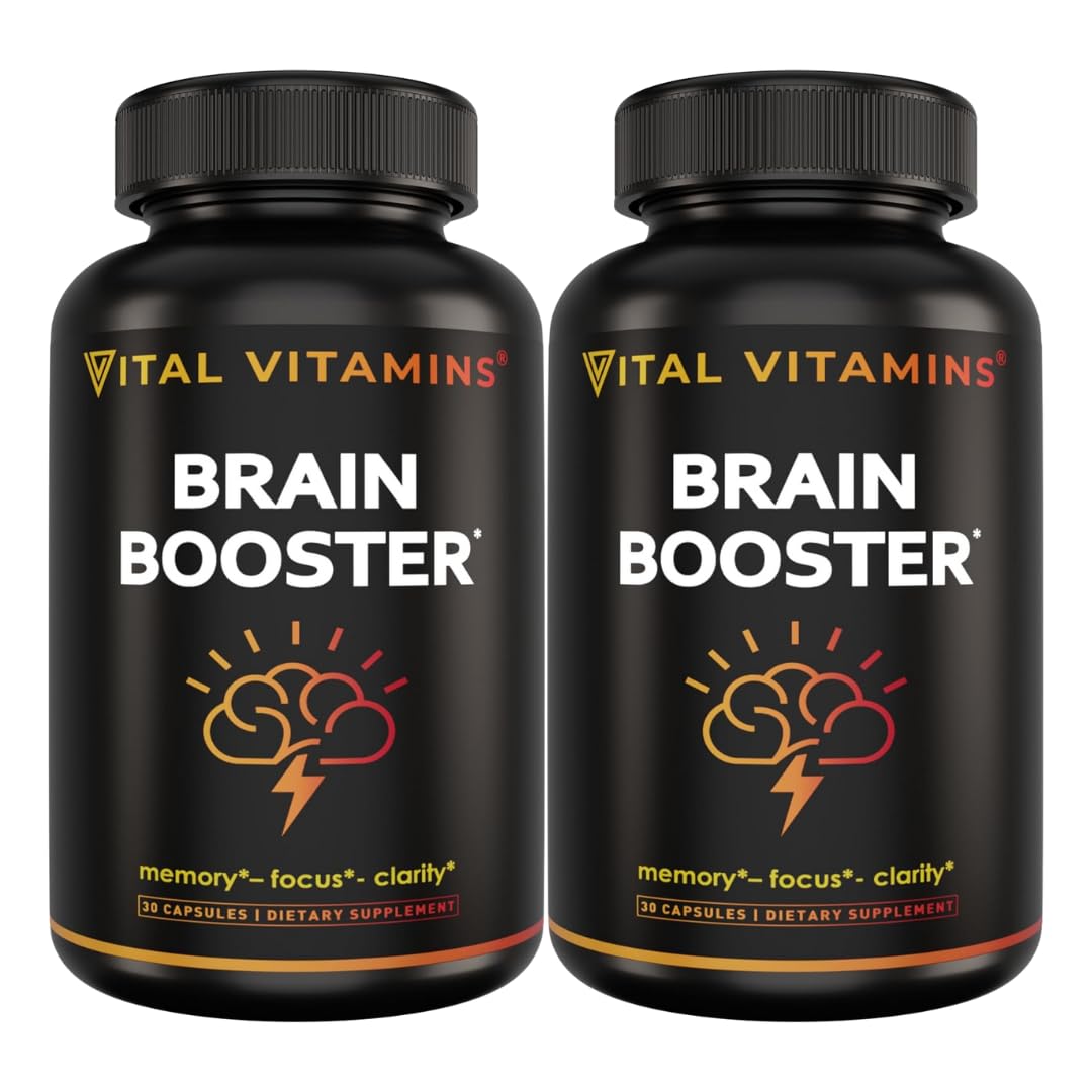 Vital Vitamins Brain Booster bottle front shows caffeine-free focus support.