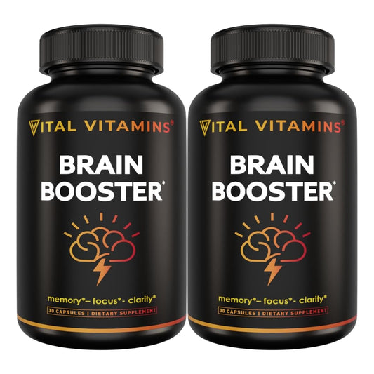 Vital Vitamins Brain Booster bottle front shows caffeine-free focus support.