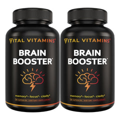 Vital Vitamins Brain Booster bottle front shows caffeine-free focus support.