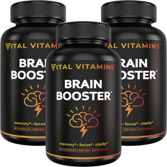 Vital Vitamins Brain Booster bottle with caffeine-free focus support.