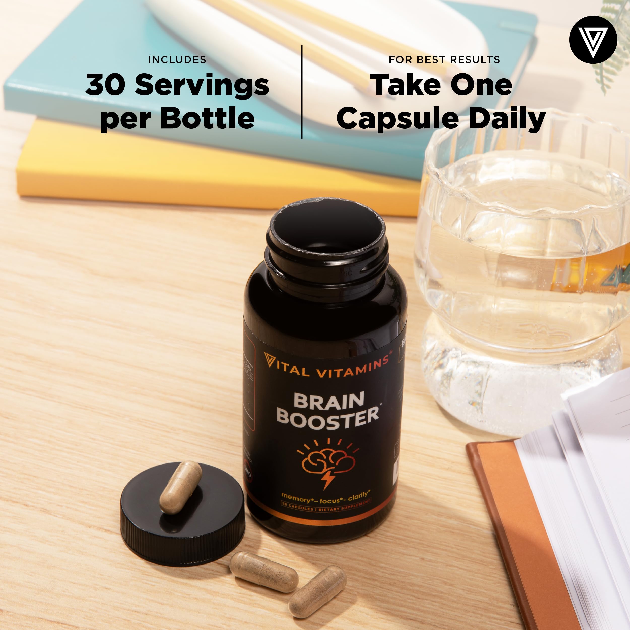 Vital Vitamins Brain Booster packaging side view reveals 60-day supply value.