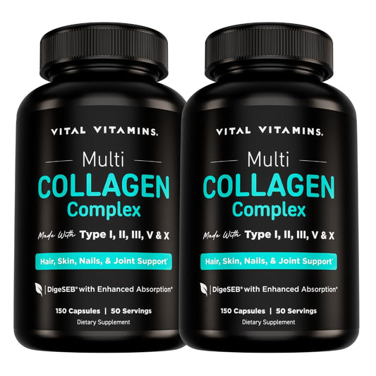 Vital Vitamins Multi Collagen Capsules bottle closeup for easy daily skin and joint support.