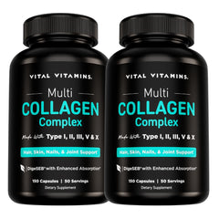 Vital Vitamins Multi Collagen Capsules bottle closeup for easy daily skin and joint support.