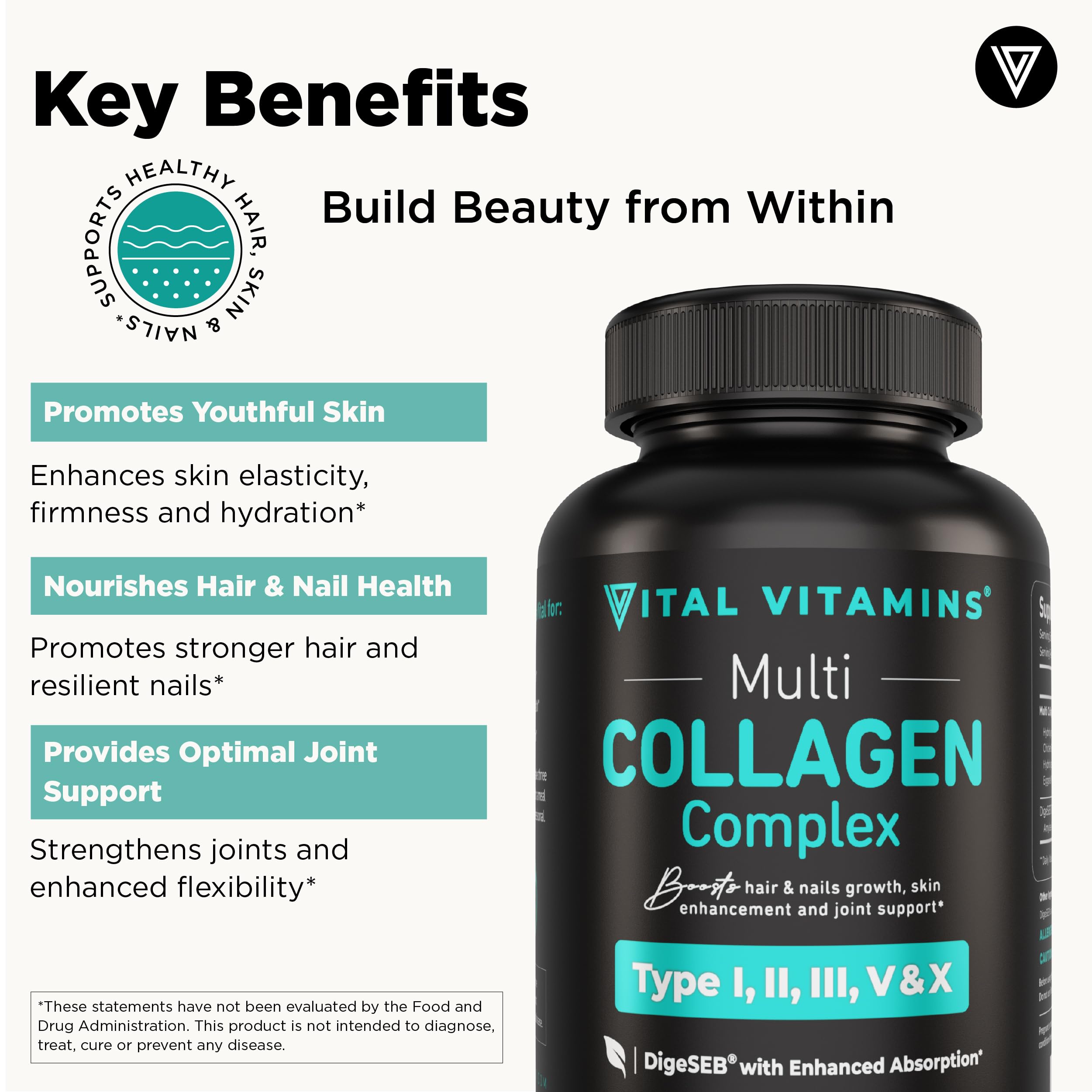 Vital Vitamins Multi Collagen Capsules hair-nails focus highlighting beauty support.