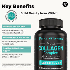 Vital Vitamins Multi Collagen Capsules hair-nails focus highlighting beauty support.