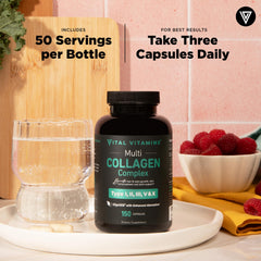 Vital Vitamins on-the-go-pack visual conveys portable daily collagen routine.