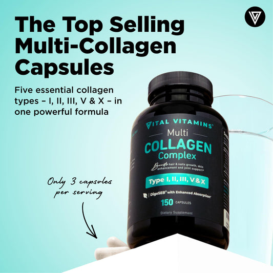 Vital Vitamins Multi Collagen Capsules being poured to show convenient on-the-go supplementation.