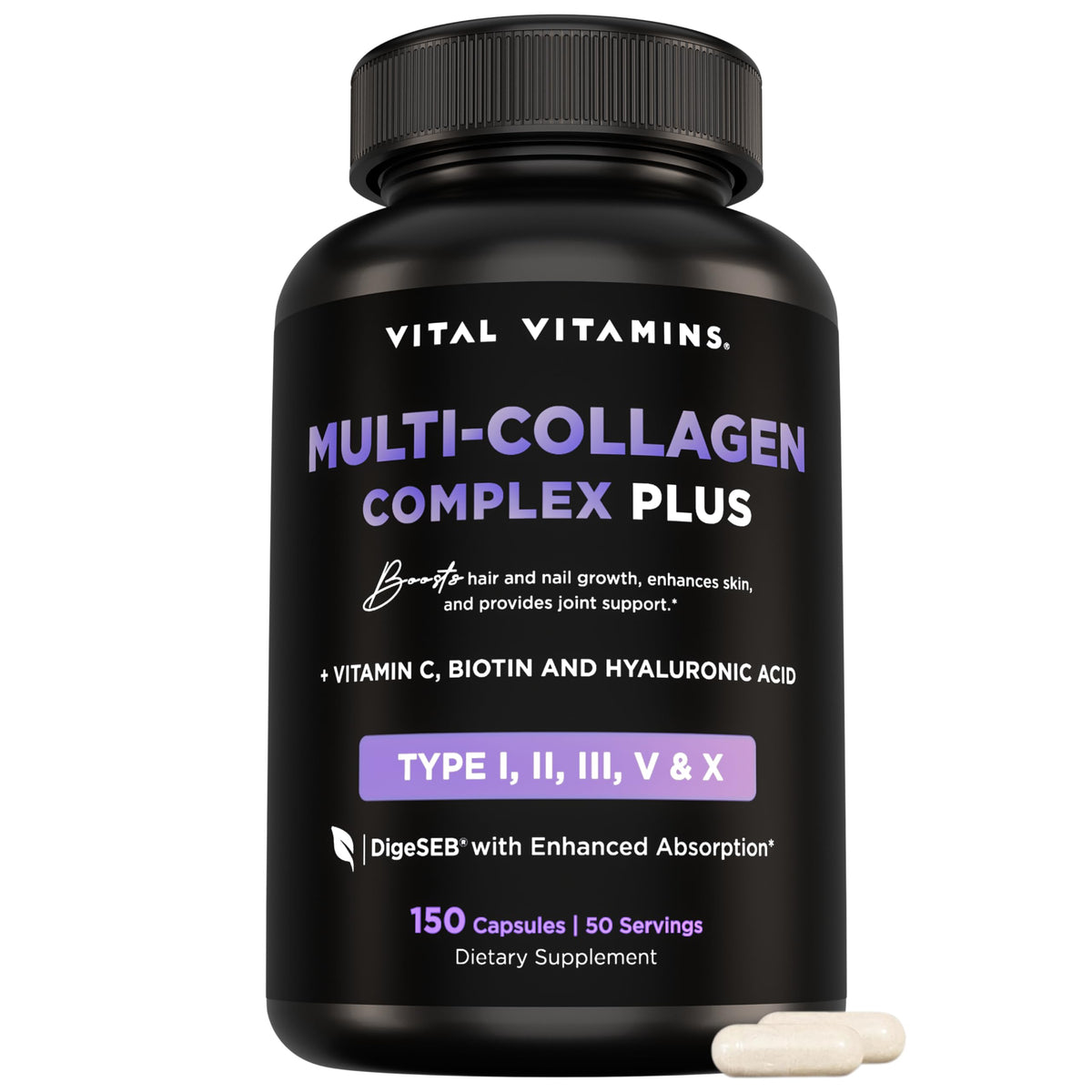 Vital Vitamins multi-collagen capsules bottle front for hair, skin, nails and joints.